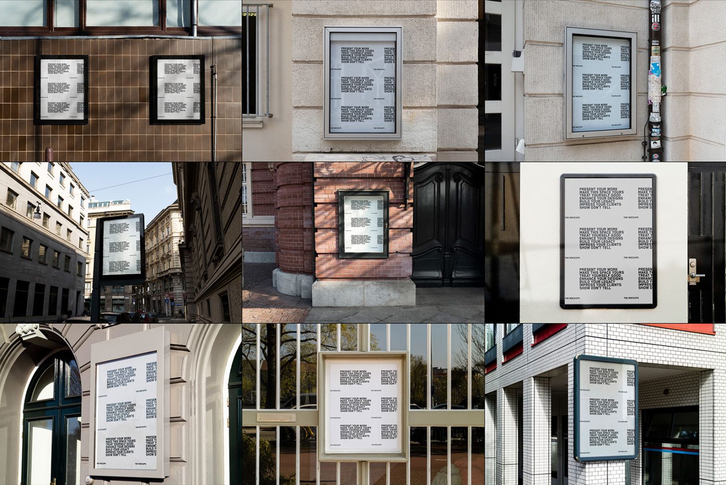 Urban poster mockups with QR codes displayed in various outdoor settings for graphic design and branding presentations.